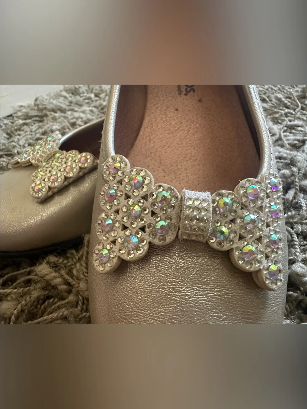 Girls' Gold Mary Janes with Rhinestone Bow